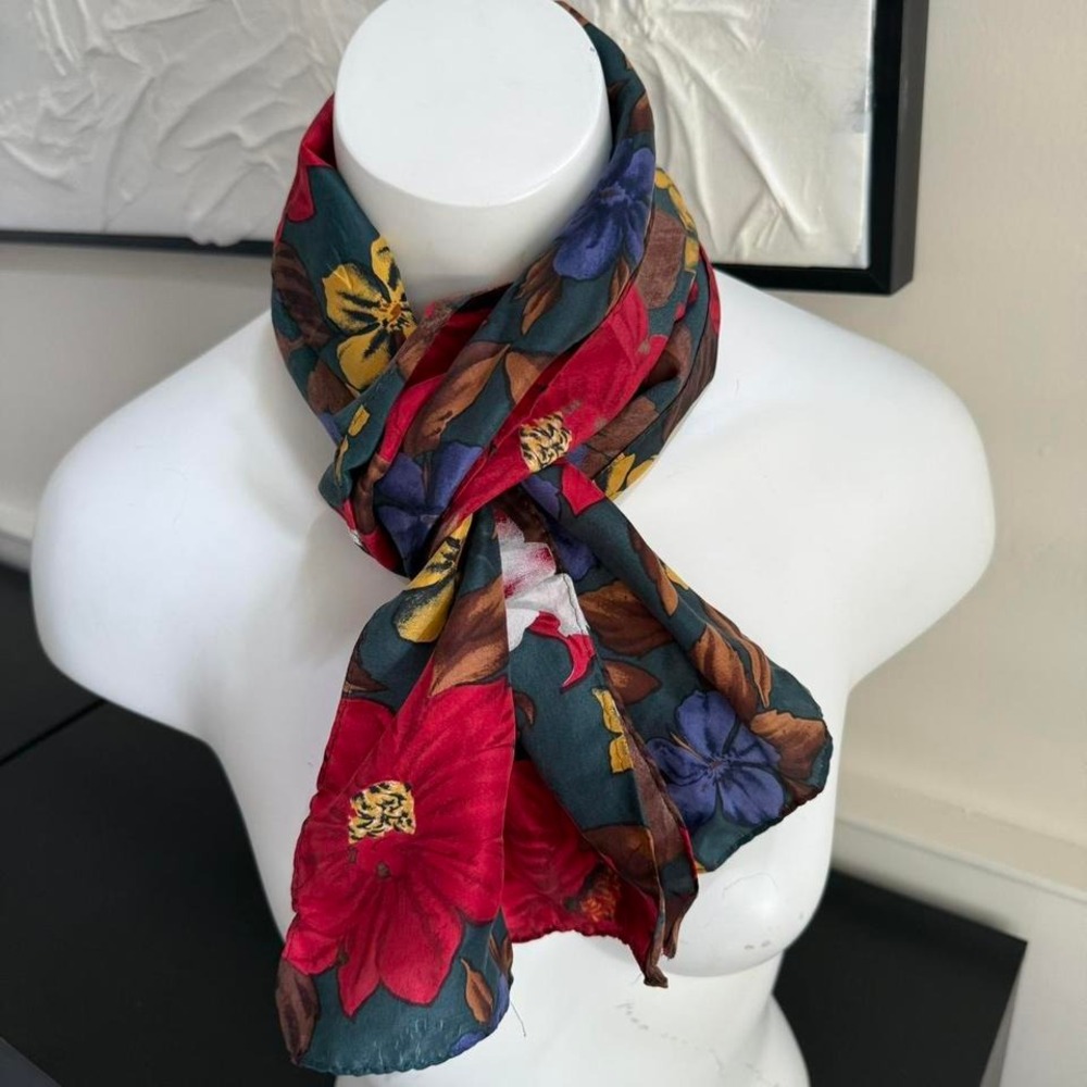 Floral Silk-Feel Scarf in Red, Blue & Yellow